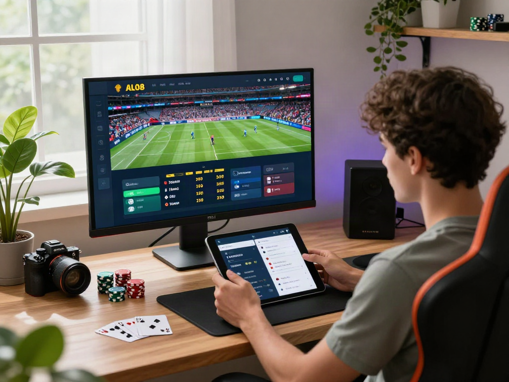 Engaging home office with TRANG CHỦ ALO8 app on tablet, sports betting visuals on monitor.