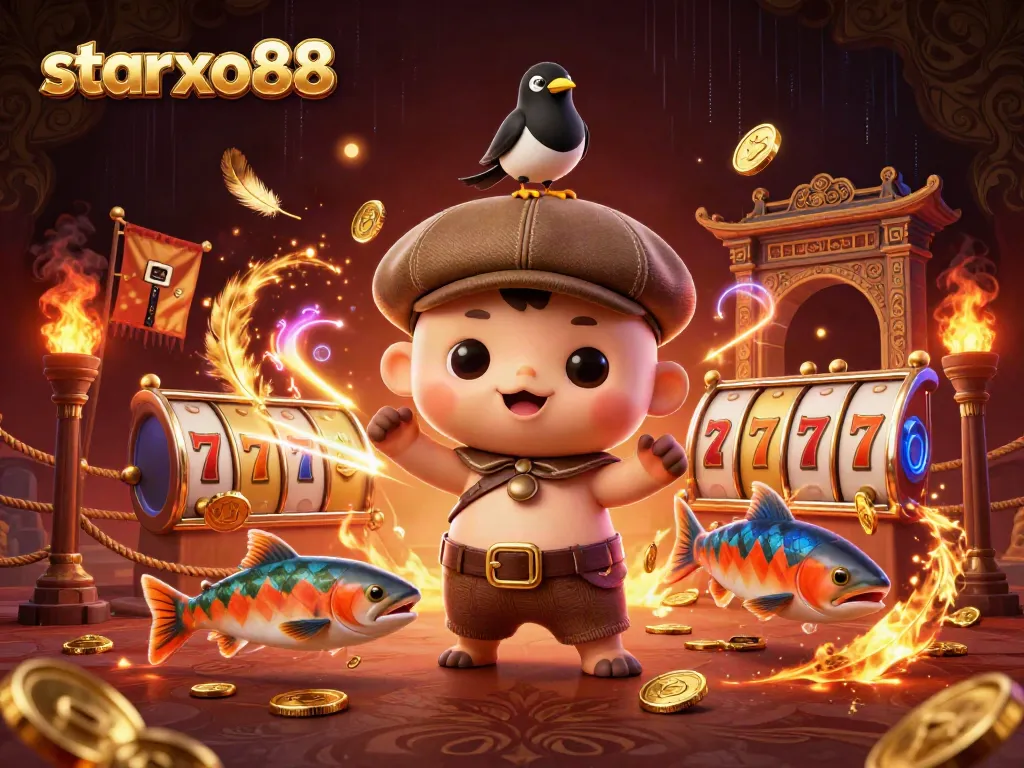Spin in excitement with starxo88, featuring playful characters amidst vibrant slot reels and gold coins.