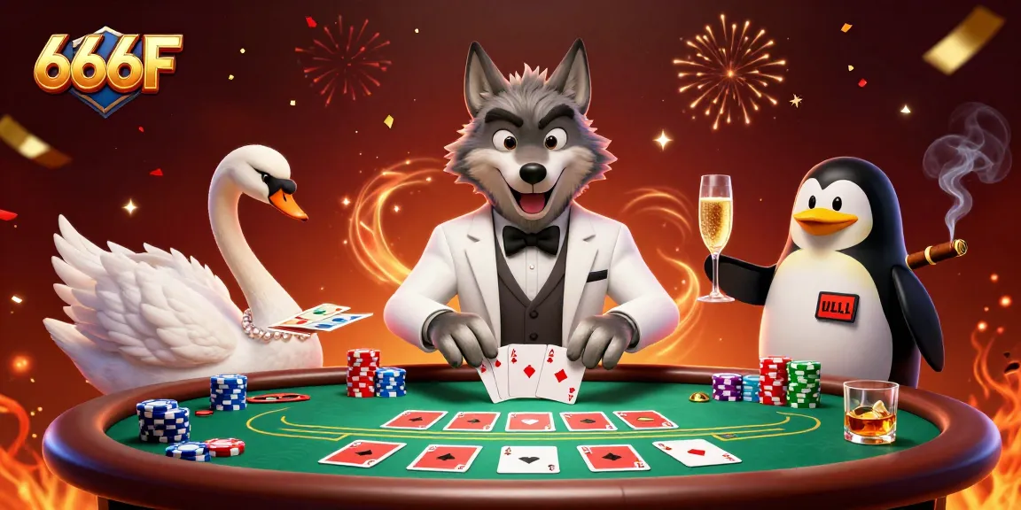 Join the exciting action at 666F with a charming wolf and elegant swan at a vibrant casino scene!