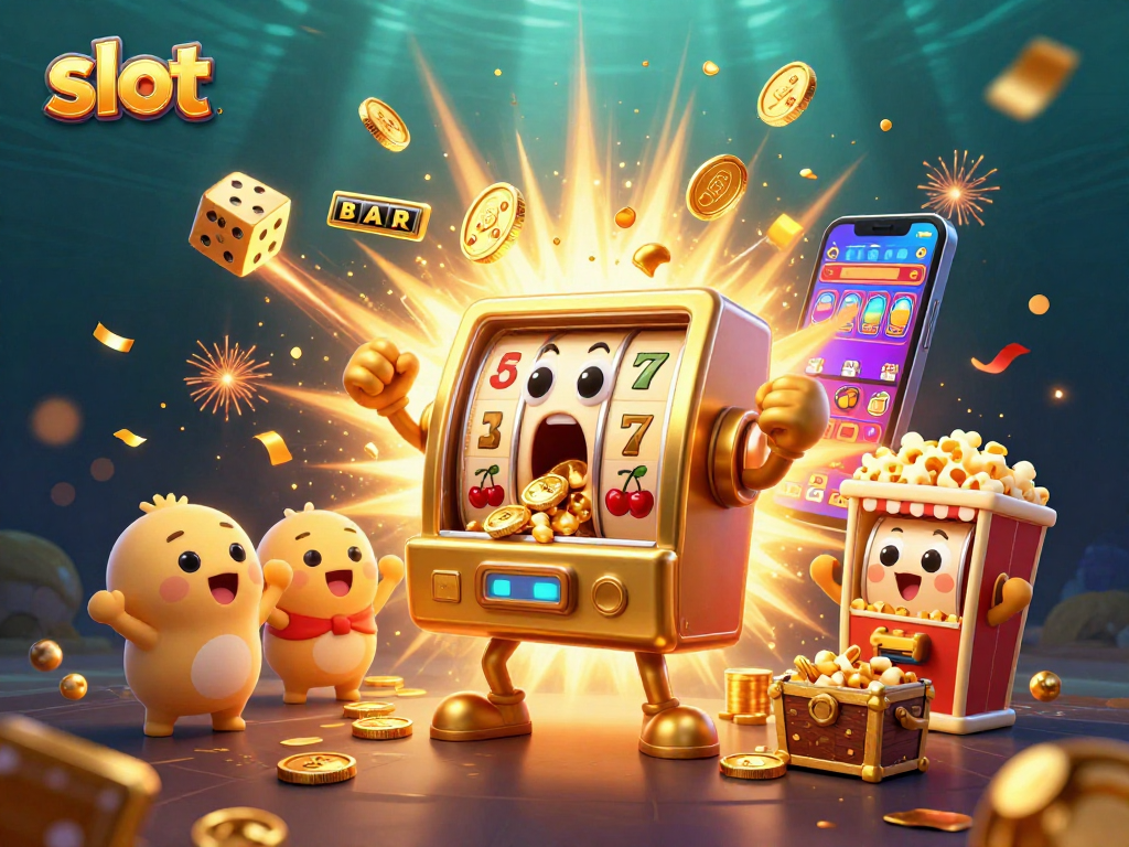 The slot machine jackpot celebration with coins soaring, joyful baby slot machines, and popcorn delight.