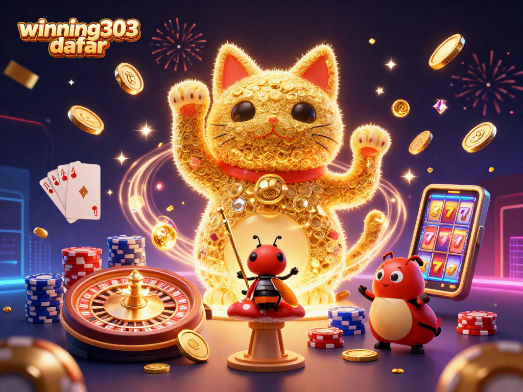 Engage with winning303 daftar in this vibrant casino scene featuring lucky symbols and dazzling effects.