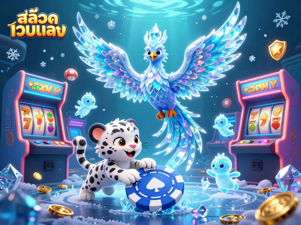 Experience the magic of สล็อตเว็บตรง with an enchanting ice phoenix and playful casino elements.