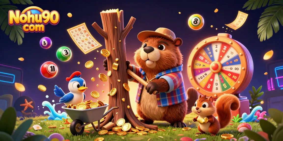 Engage in the thrilling world of Nohu90 com with cartoon beaver collecting coins amid a vibrant casino backdrop.