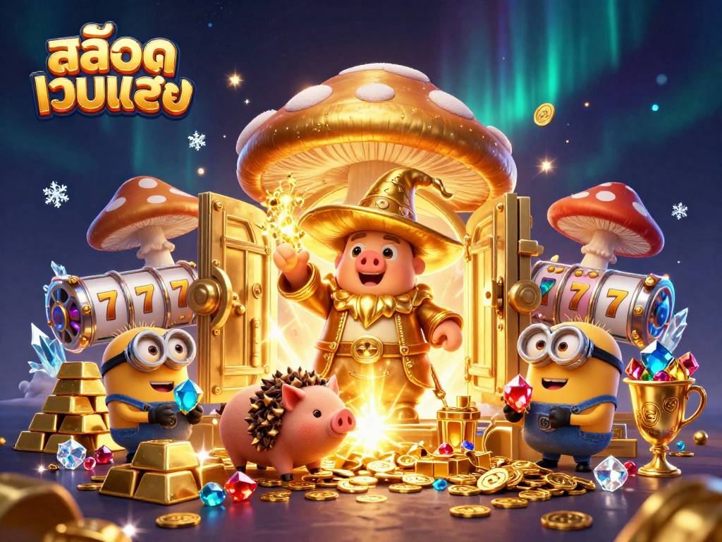 Play and win at สล็อตเว็บตรง with vibrant golden treasures and magical elements in a cartoon world!