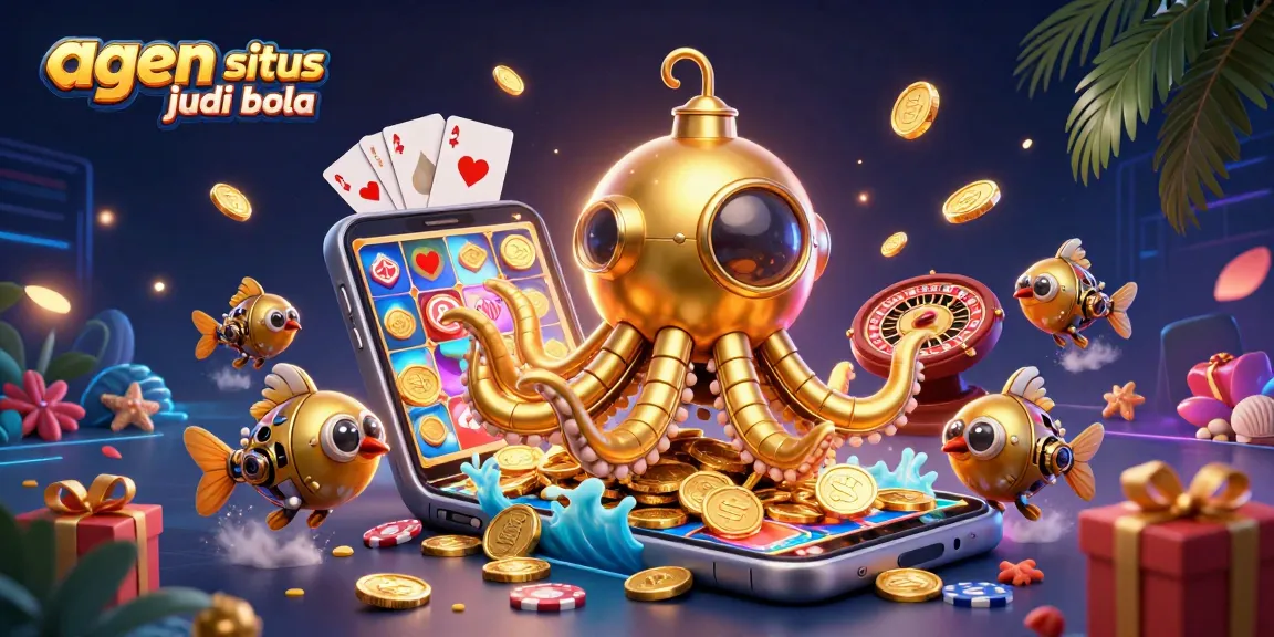 Experience the thrill of agen situs judi bola with dynamic 3D illustration of a kraken submarine amidst vibrant casino elements.