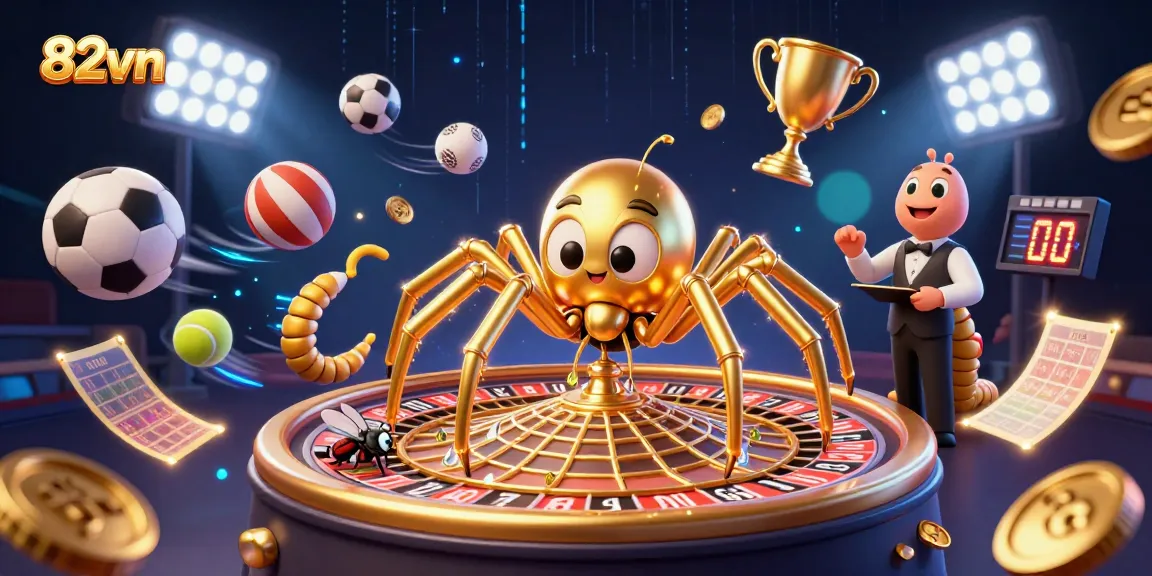 Experience thrilling bets at 82vn with a golden spider spinning a roulette web in an exciting casino scene.