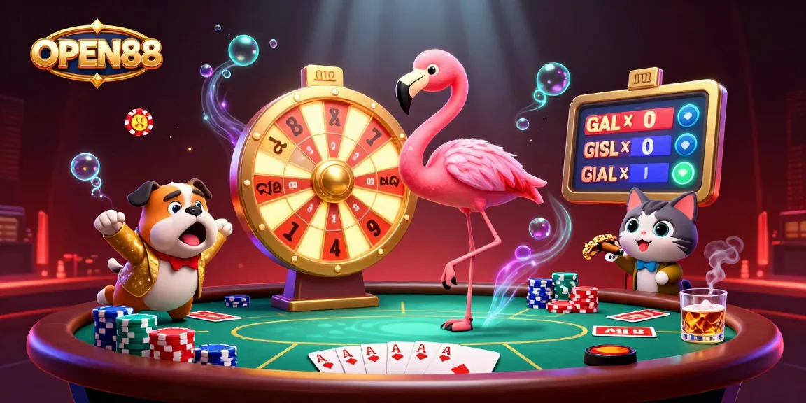 Experience thrilling gameplay with OPEN88 as the flamingo host spins the grand prize wheel in an exciting casino scene.