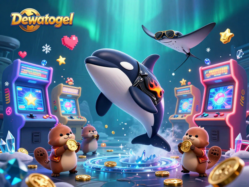 Dewatogel menghadirkan ilustrasi 3D karikatur orca dan teman-teman laut yang berinteraksi dengan simbol permainan emas.