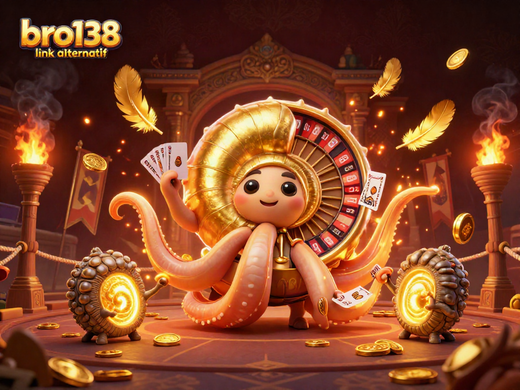 Menggunakan bro138 link alternatif untuk memenangkan jackpot, ilustrasi 3D nautilus raksasa dengan kartu dan koin.