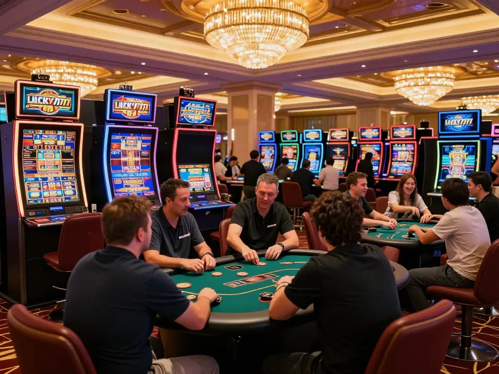 Players enjoying gaming excitement at Lucky777 casino with vibrant atmosphere.