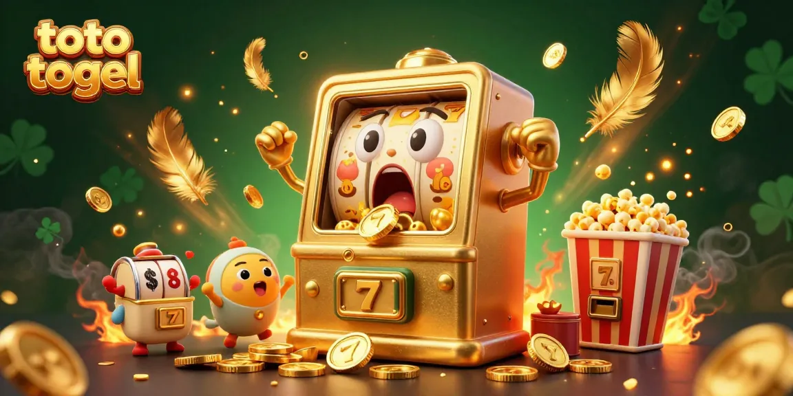 Engage in thrilling toto togel gameplay as joyful slot machines celebrate a jackpot amidst swirling golden coins.
