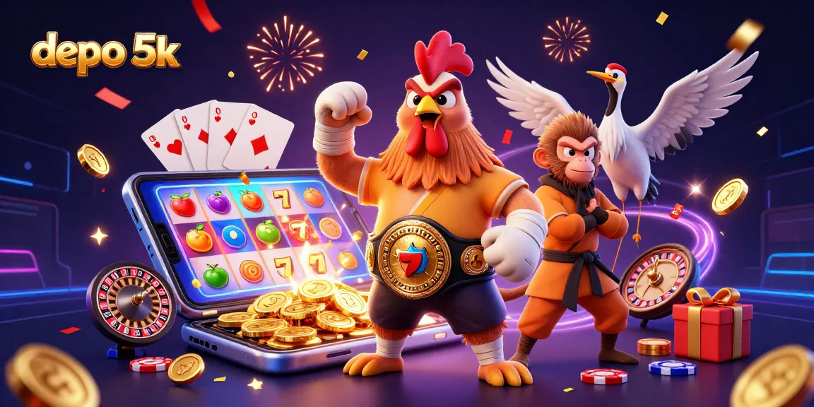 Engage in the thrilling action of depo 5k with vibrant casino elements and dynamic characters.