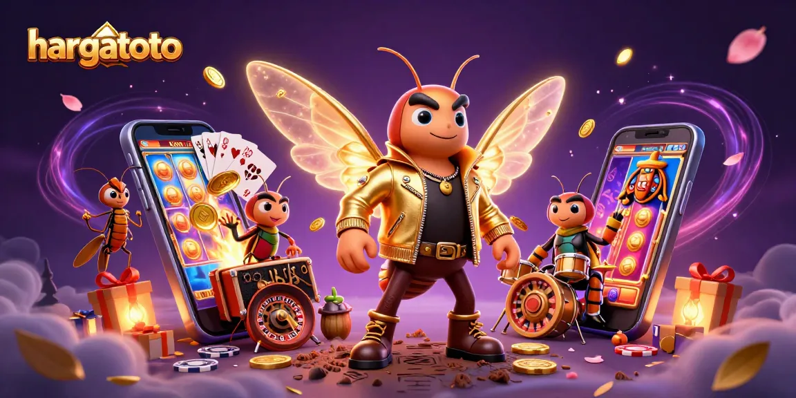 hargatoto menampilkan cicada rock star 3D dikelilingi elemen permainan slot yang berwarna-warni dan koin emas