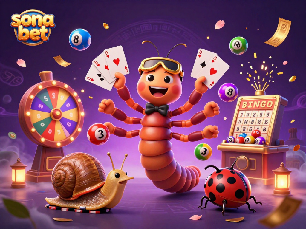 Sona bet's vibrant casino scene with a millipede dealer, high-roller snail, and lottery elements.