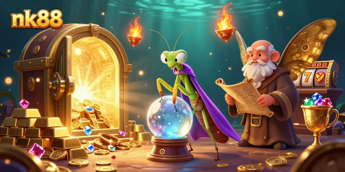 Experience the thrill of nk88 with 3D characters revealing lucky casino treasures in a vibrant illustration.