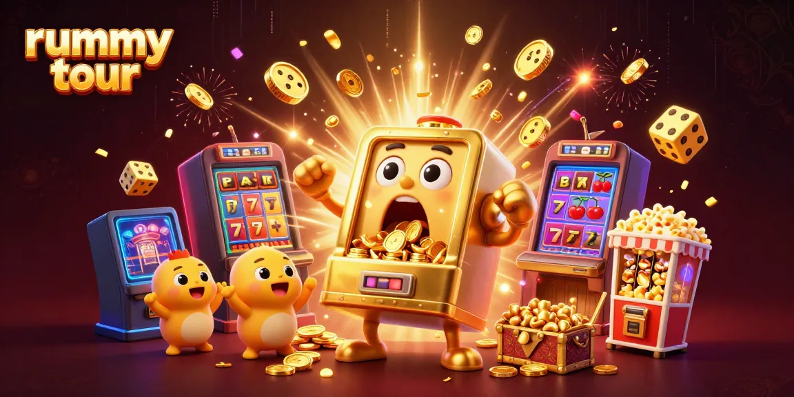 Permainan rummy tour dengan mesin slot emas dan simbol beruntung, menunjukkan keseruan jackpot.
