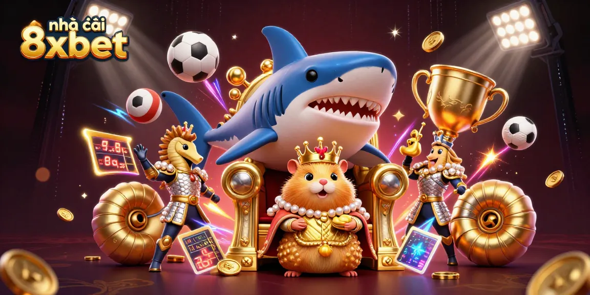 Engaging illustration for nhà cái 8xbet featuring a golden hamster king and dynamic sports elements in a casino setting.