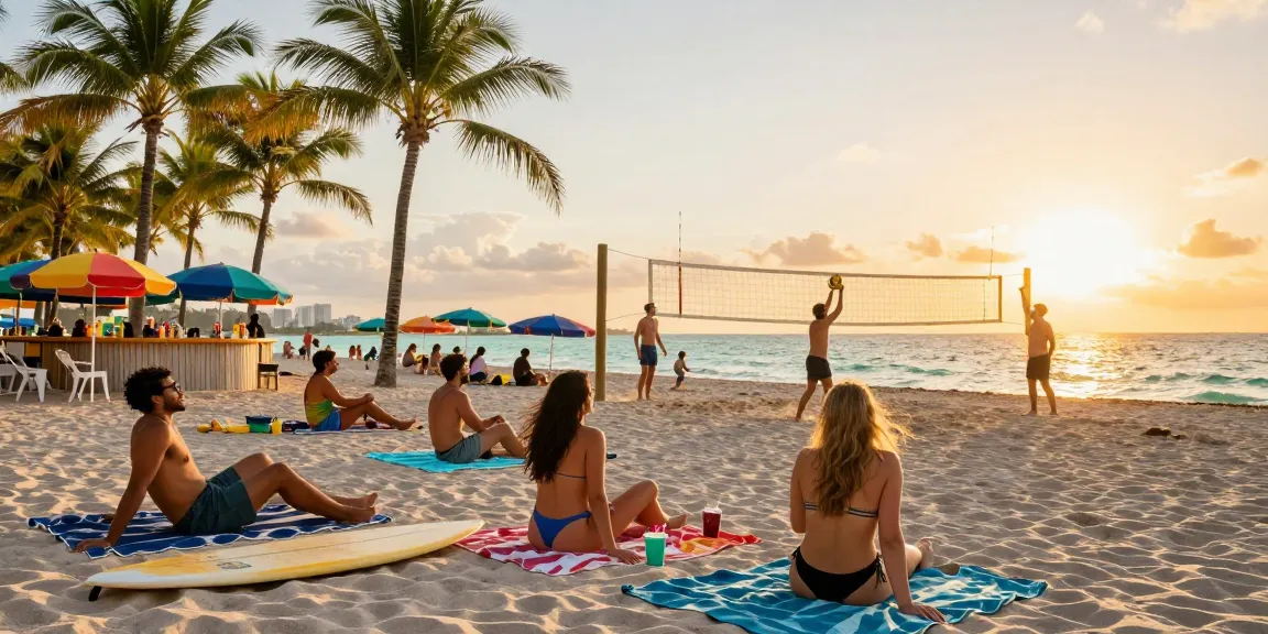 Pemandangan pantai di https://miami4d.com/ dengan pengunjung menikmati sinar matahari dan suasana ceria.