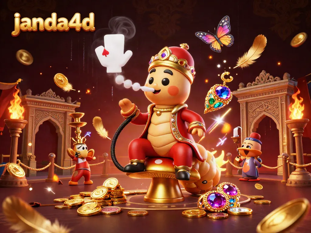 Ilustrasi 3D memukau janda4d dengan karakter kartun, simbol poker, dan elemen kasino.