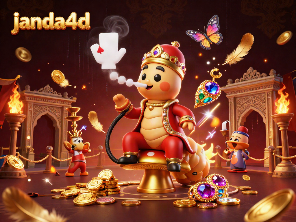 Ilustrasi 3D memukau janda4d dengan karakter kartun, simbol poker, dan elemen kasino.