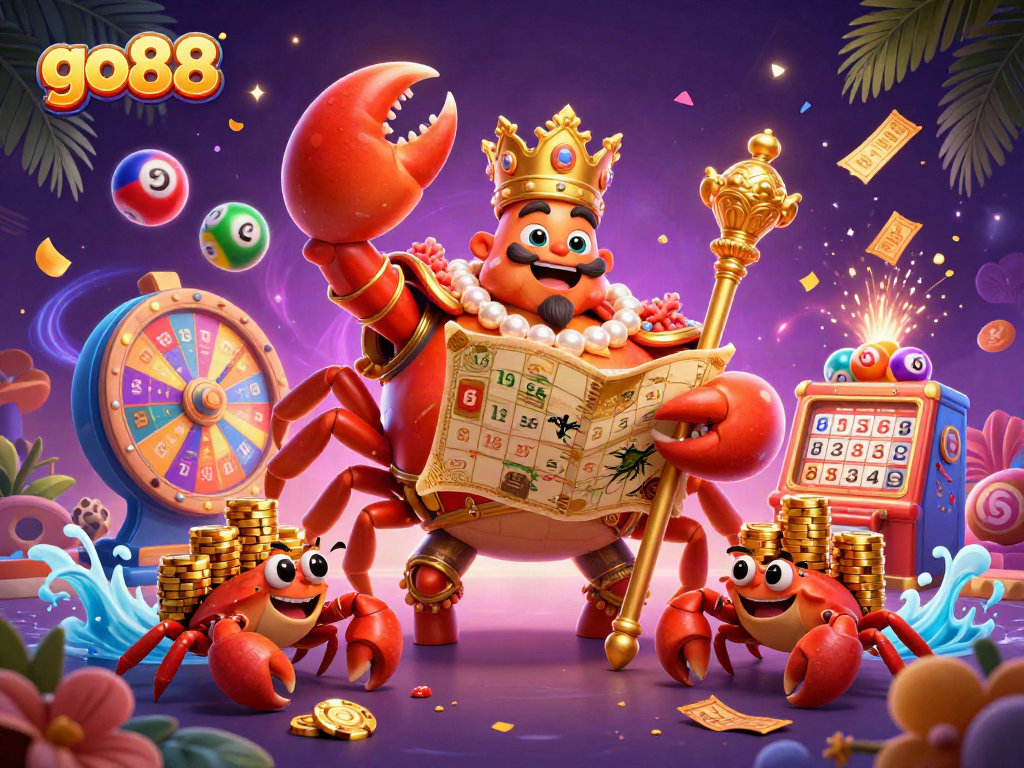 Experience go88's thrilling games with a golden crab emperor and vibrant slots elements.