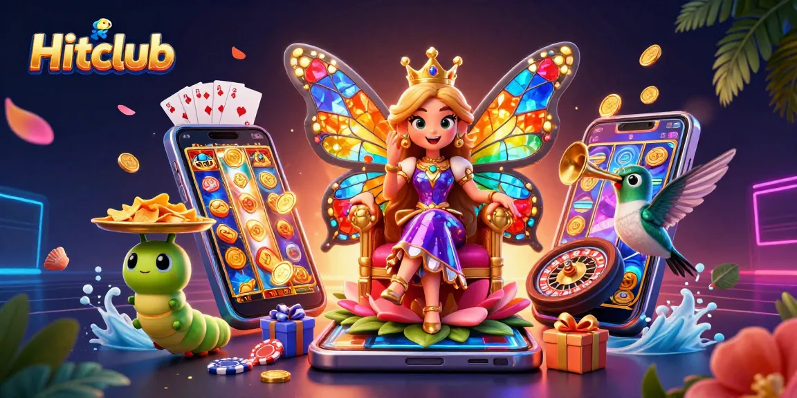 Experience the vibrant world of Hitclub with a lavish 3D scene of a butterfly queen amidst casino excitement.