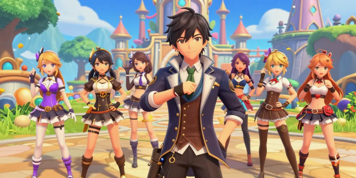 3D ecchi game scene showcasing diverse characters in a vibrant fantasy world filled with adventure and romance.
