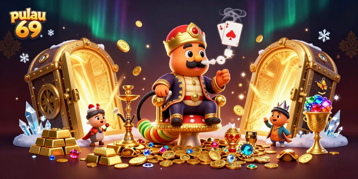 Pulau 69 gaming fun with a golden vault, treasure, and vibrant casino elements in a rich 3D scene.