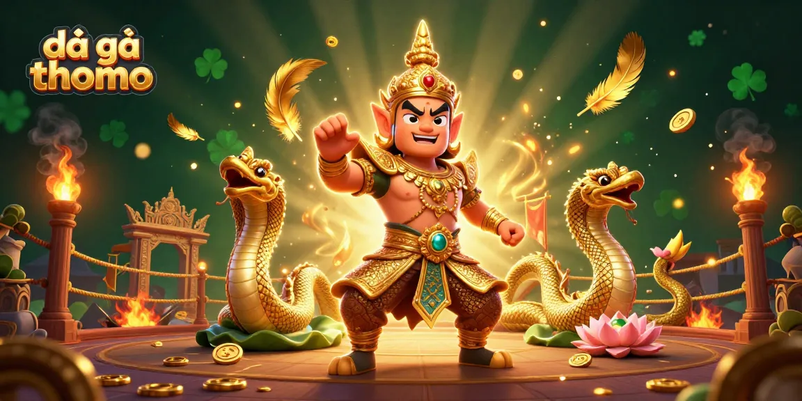 Watch đá gà thomo at a vibrant fighting arena with golden hues and dynamic energy.