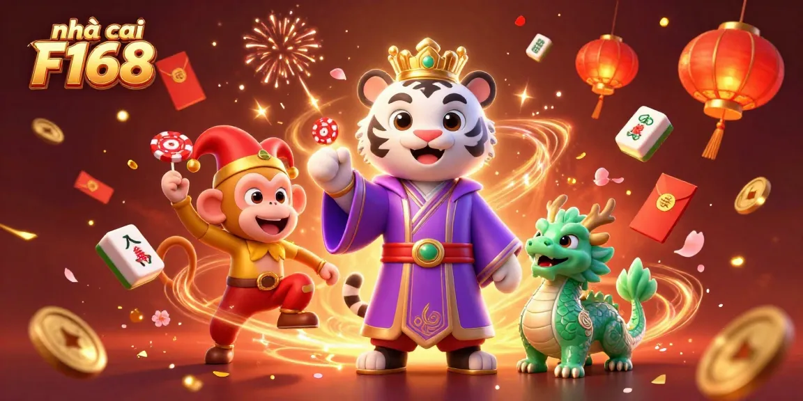 Experience excitement at nhà cái F168 with a vibrant casino scene featuring a majestic tiger, playful monkey, and magical dragon.