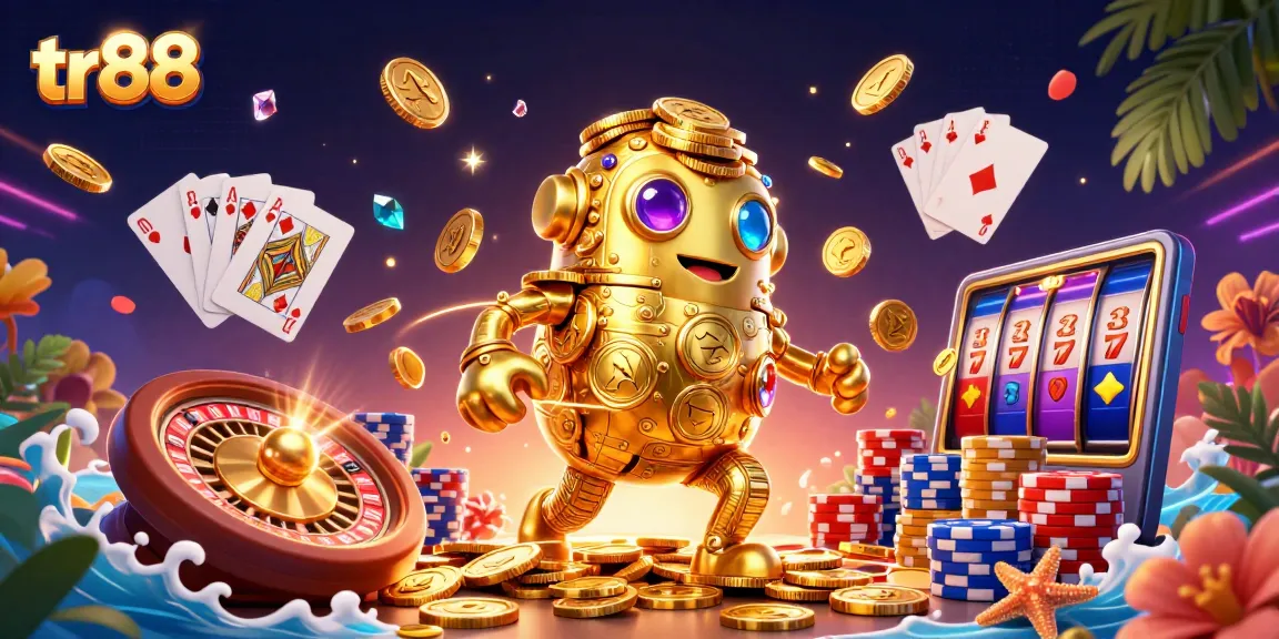 Spin the tr88 reels with vibrant gems and coins in a lively casino scene.