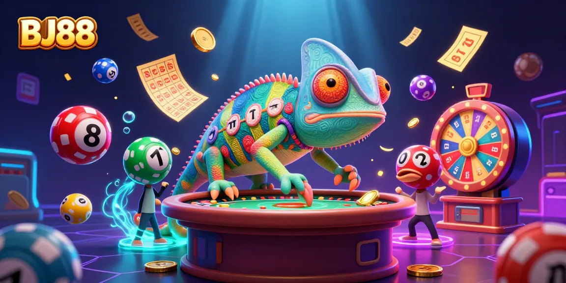 BJ88 showcases a vibrant casino scene with a chameleon owner, golden coins, and dynamic gaming elements.