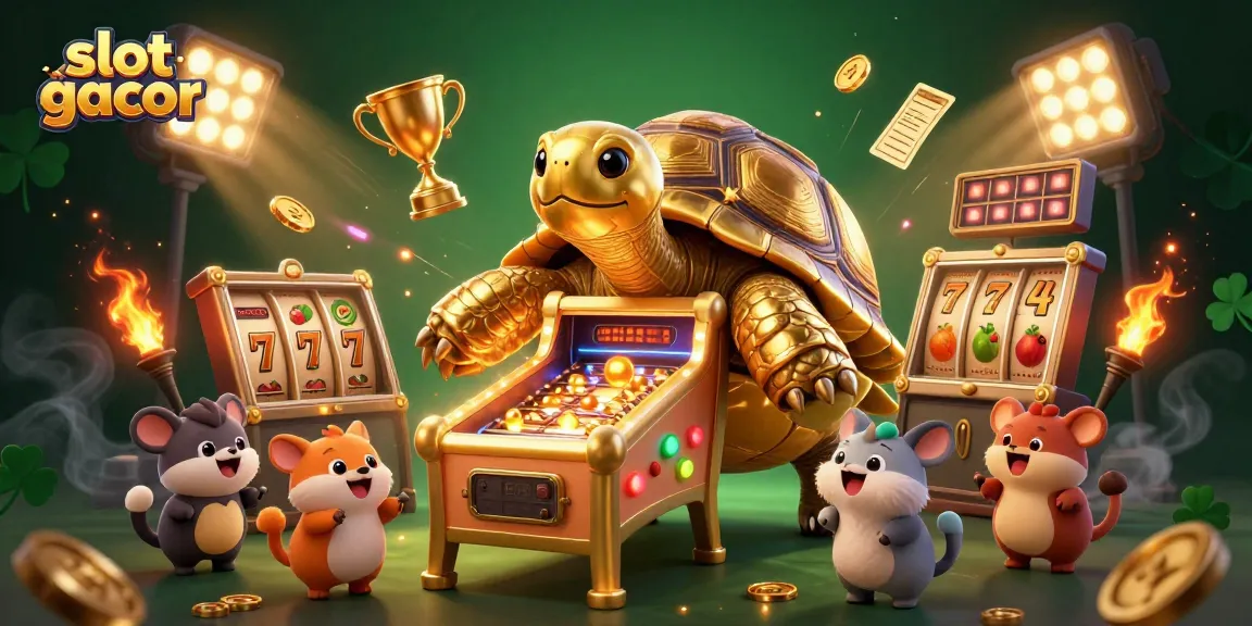 Permainan slot gacor terlihat di ilustrasi 3D dengan kura-kura emas dan simbol buah.
