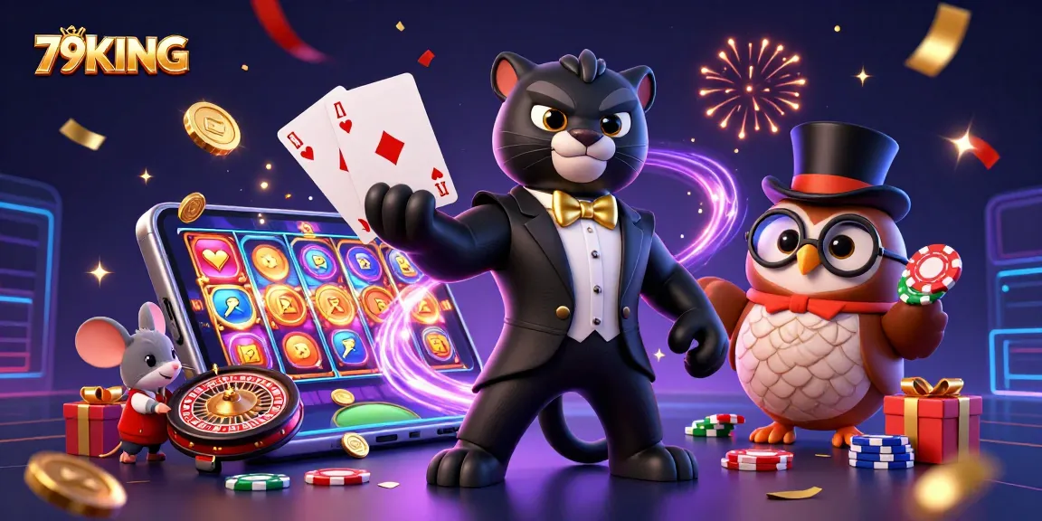79KING showcases a stylish panther dealing cards while charming characters celebrate, creating a vibrant casino scene.