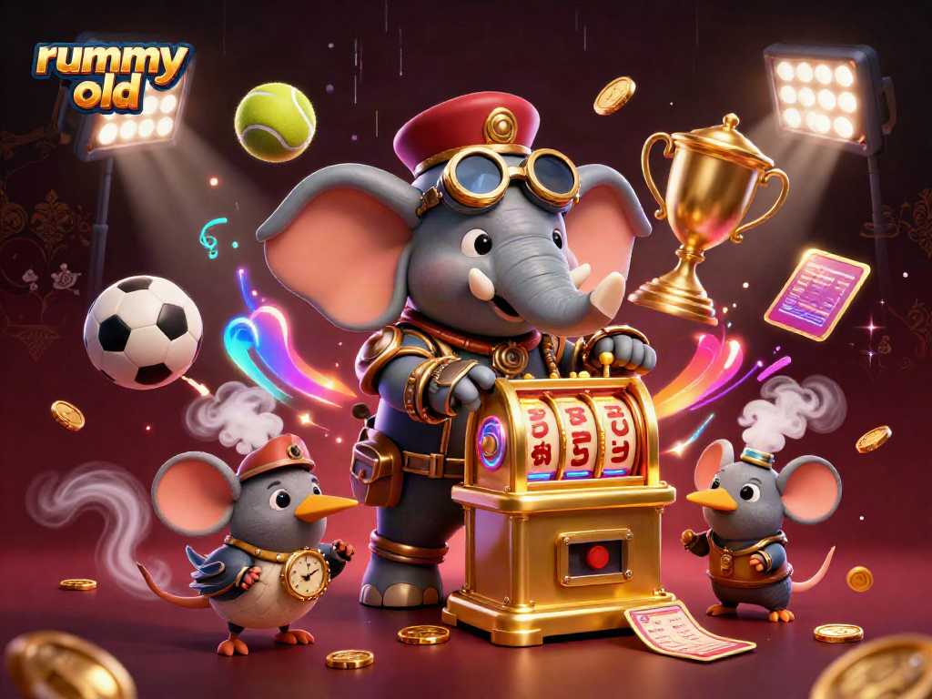 Rummy old menghadirkan suasana kasino dengan elemen dinamis dalam ilustrasi 3D.