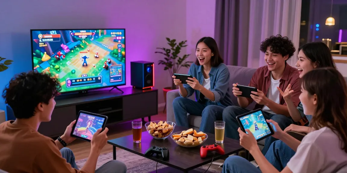 Engaging scene of friends experiencing game bài đổi thưởng in a modern living room.