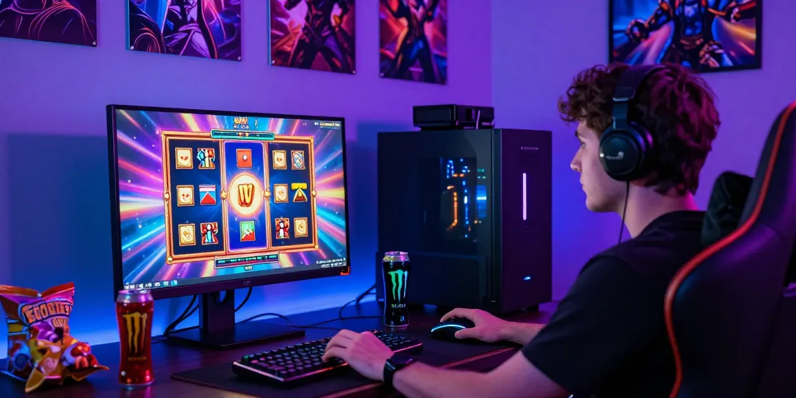 Visualisasi pemain terlibat dalam permainan slot gacor dengan layar jackpot cemerlang, suasana gaming yang menarik.