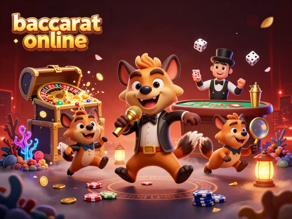 Experience baccarat online with lively cartoon hyenas in a vibrant casino setting, enjoying games and fun.