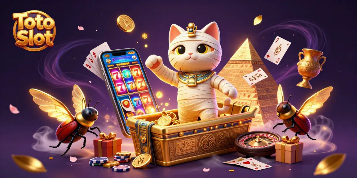 Memenangkan jackpot di Toto Slot dengan kucing mumi berkaya 3D dan kartu hieroglif yang mengapung.