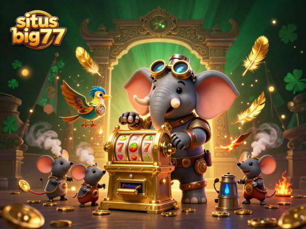 Situs big777 slot machine scene with steampunk elephant, coins, and atmospheric effects