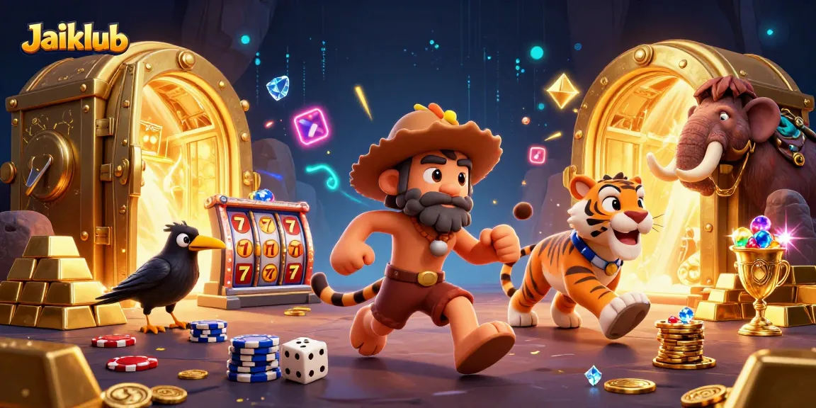 Play thrilling games on Jaiclub with a vibrant prehistoric casino scene featuring cavemen and treasures.