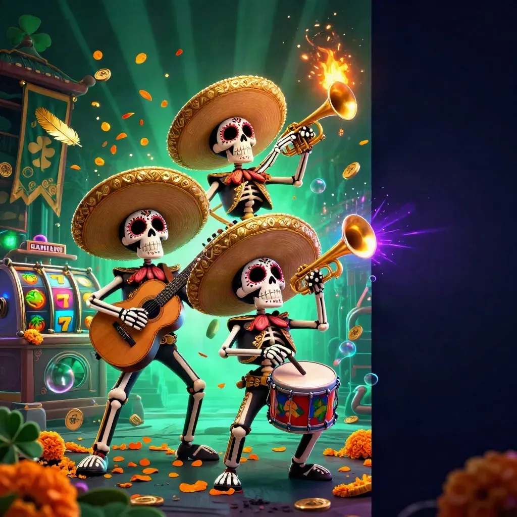 Three skeleton mariachi heroes in a neon treasure storm with reels, coins, and temple gates