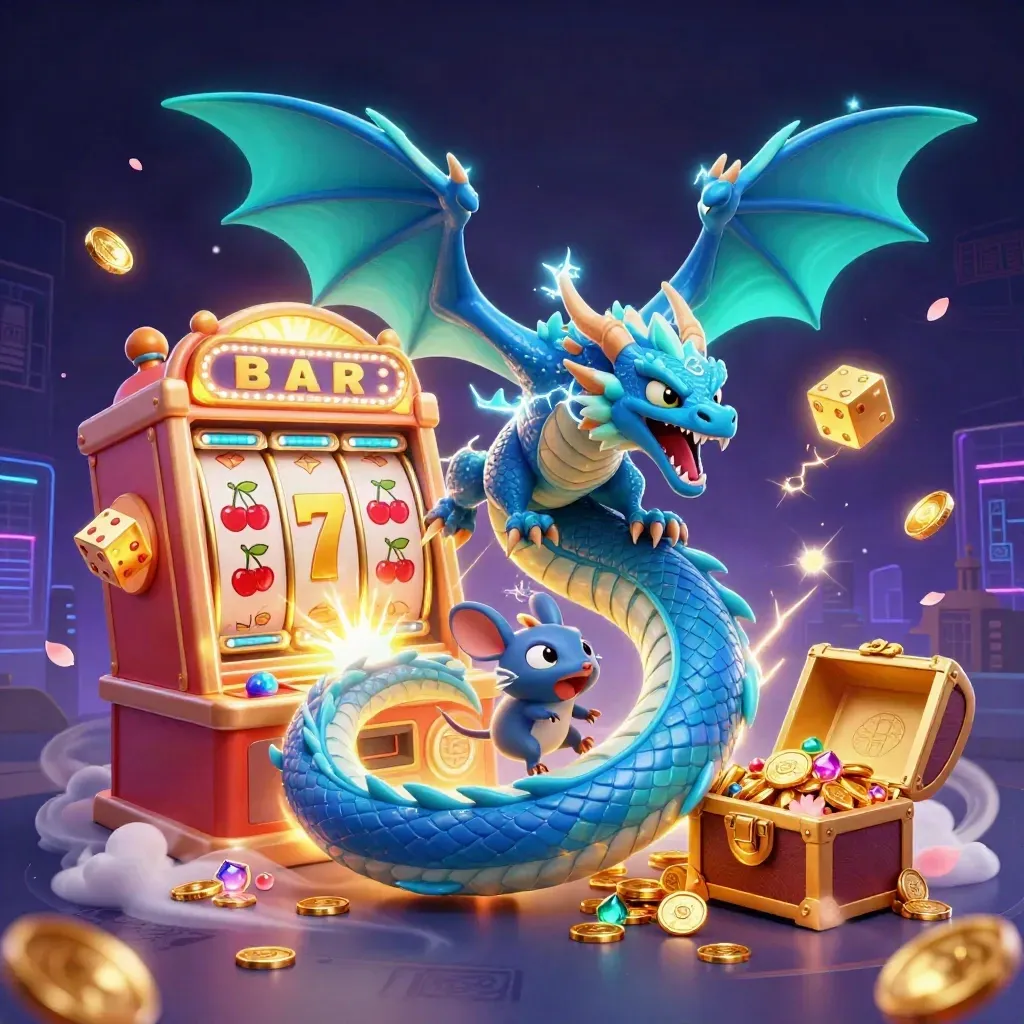 Thunder dragon, hawk, and mouse burst from a glowing slot machine over gold and lightning.