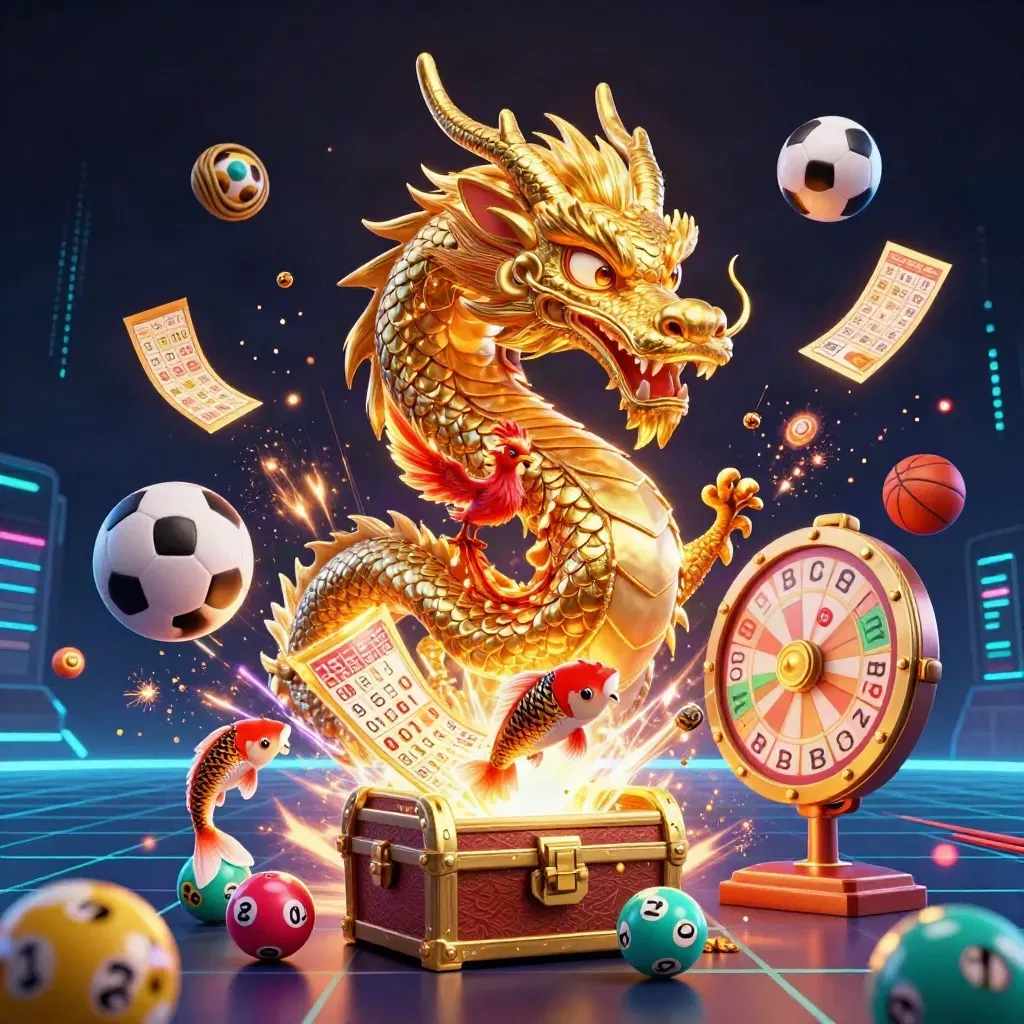 Golden dragon, phoenix and koi amid casino sports burst with balls and neon energy.