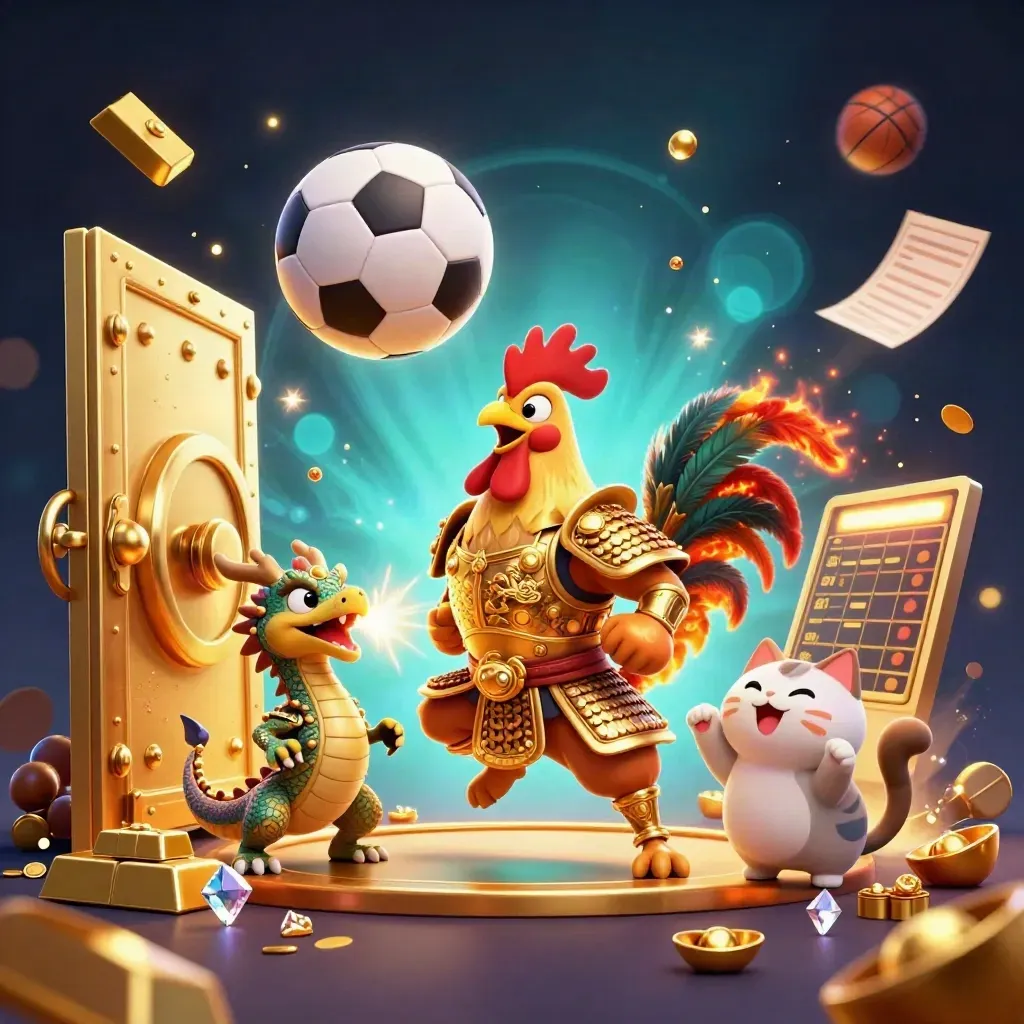 Rooster samurai, spark-breathing hatchling and fortune cat amid gold and a flying soccer ball.
