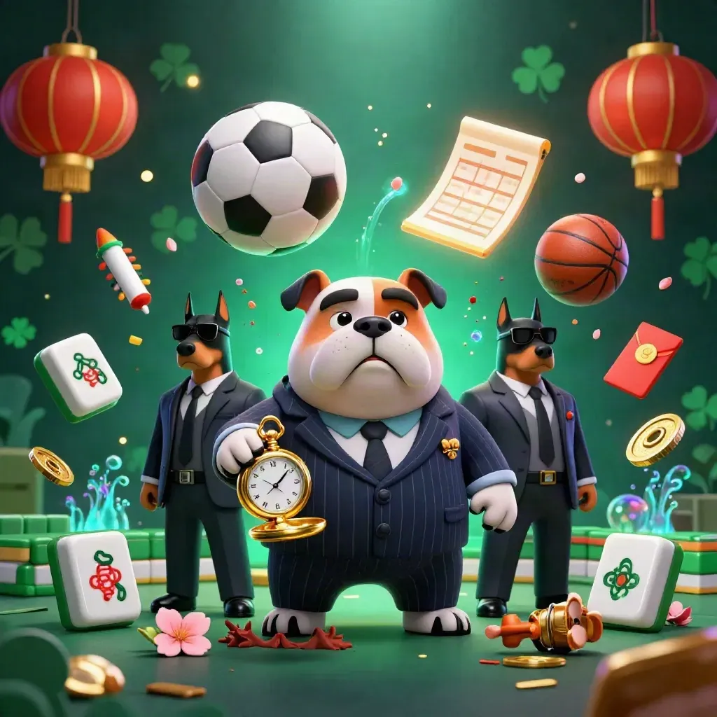 Bulldog boss and Dobermans amid flying sports balls, mahjong tiles, lanterns and casino glow.