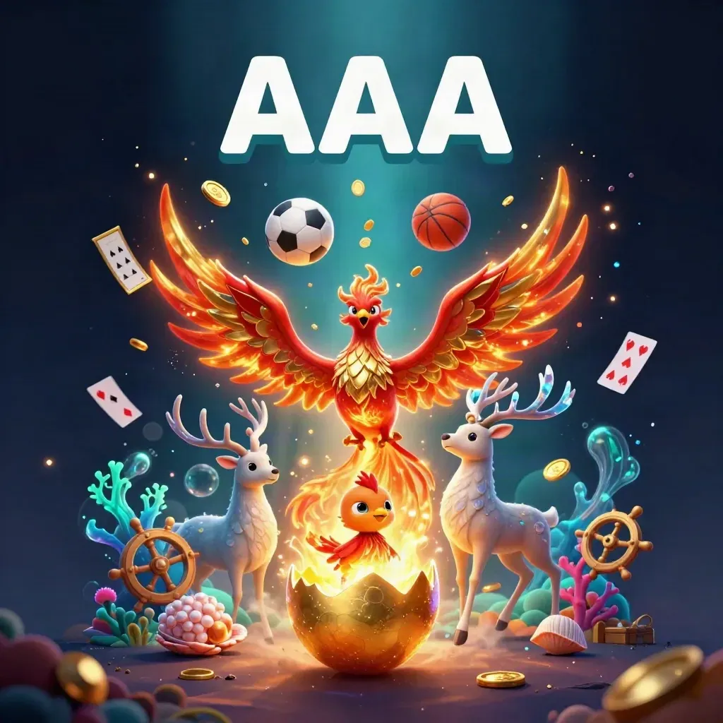 Phoenix, hatchling, and crystal stag amid coins, balls, coral, and navy-gold casino glow.