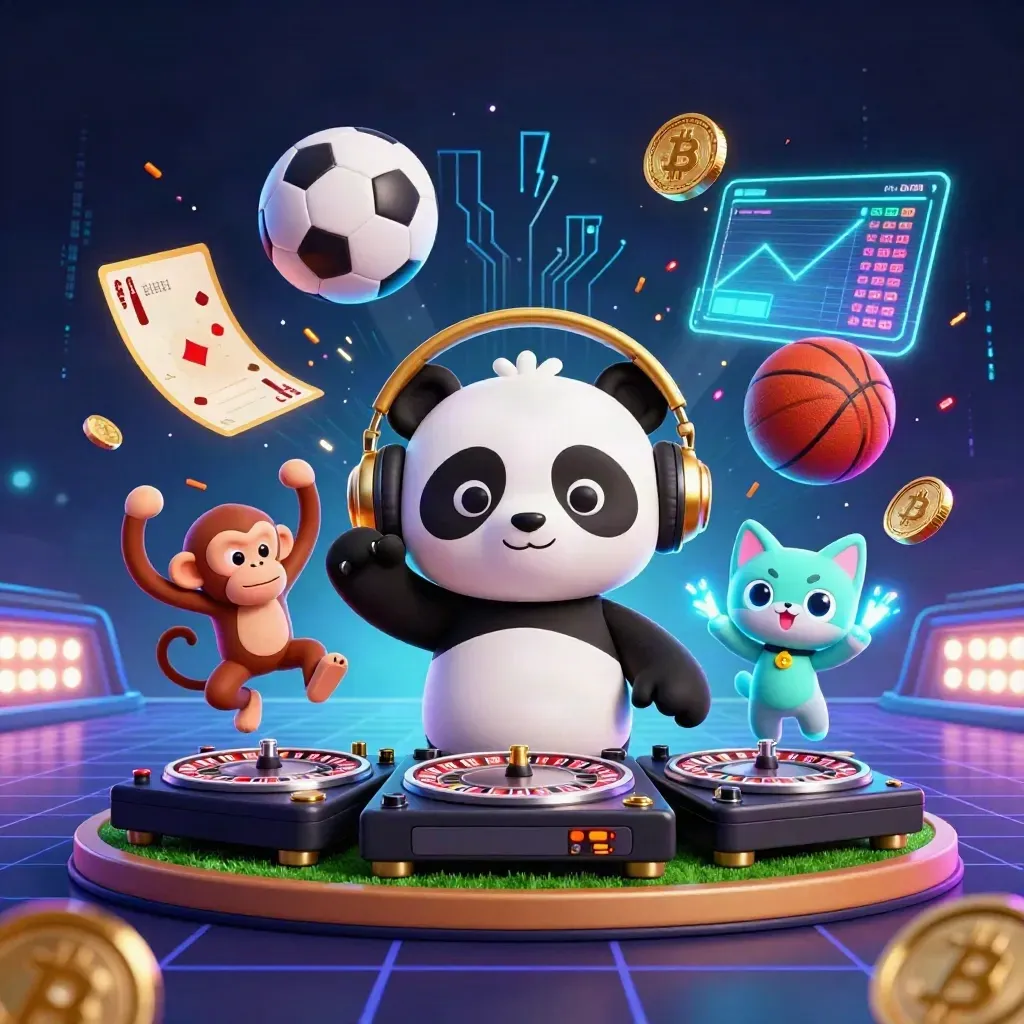 DJ panda, monkey, and glow-stick kitten blast through neon casino-sports energy with coins and balls.