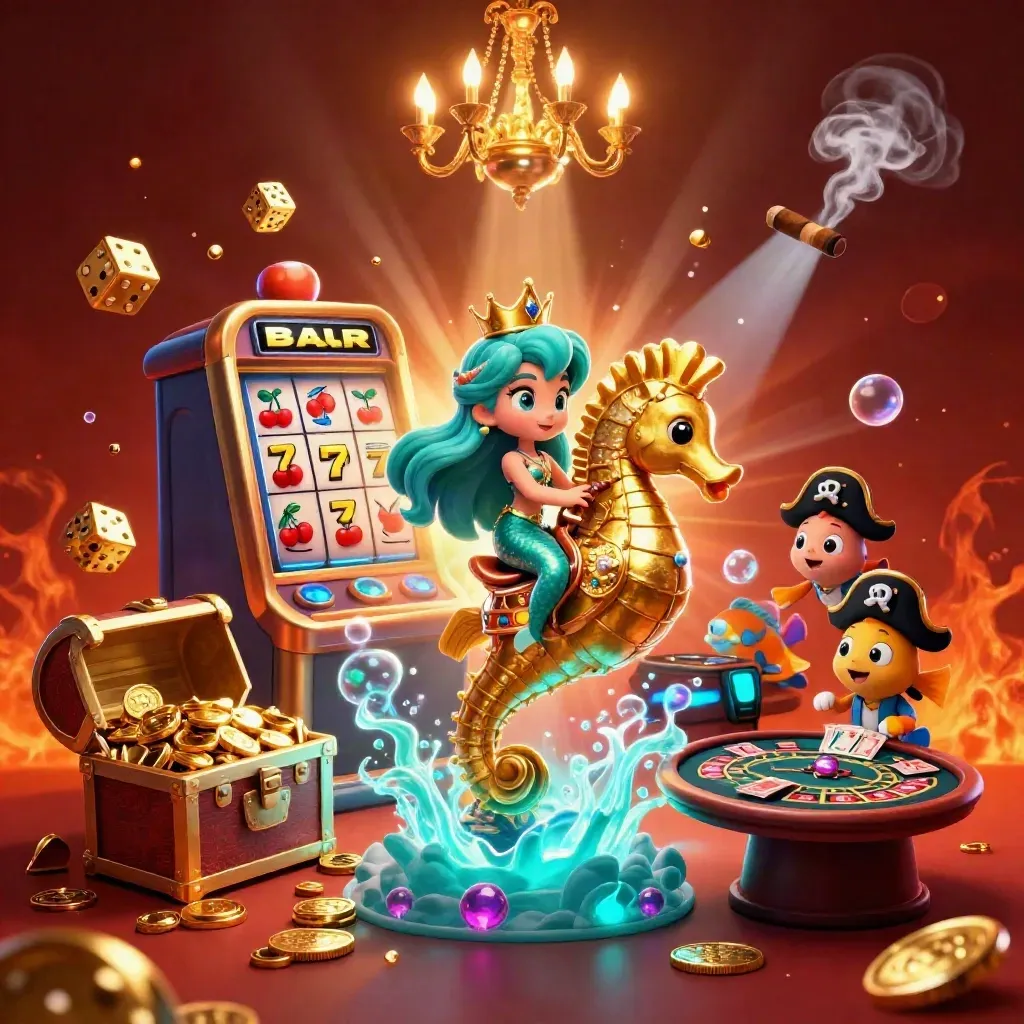Mermaid princess rides armored seahorse amid slot burst, casino glow, and pirate fish.