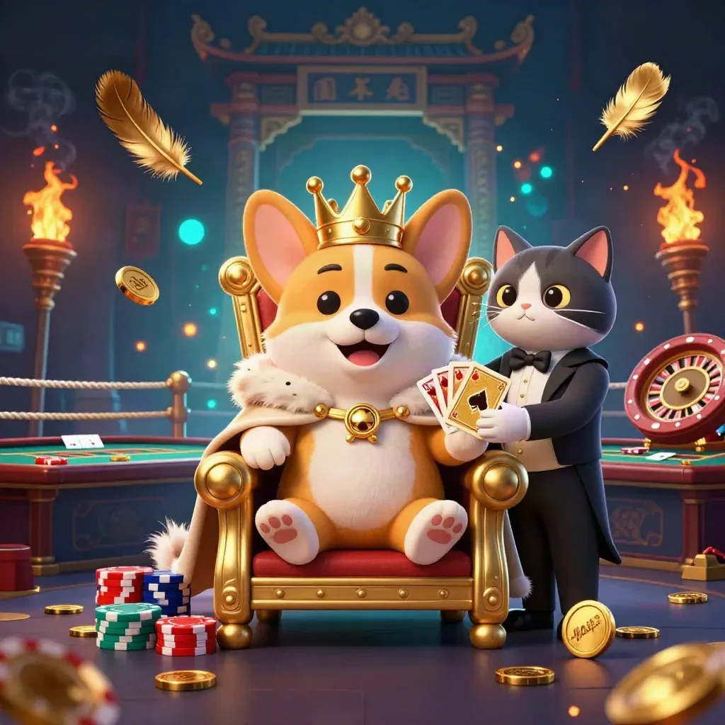 Royal corgi and cat butler in a neon casino throne room with roulette and brass glow.
